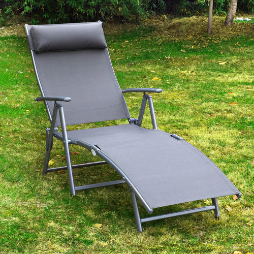 Heavy Duty Adjustable Folding Reclining Chair, Outdoor Sun Lounger, Grey