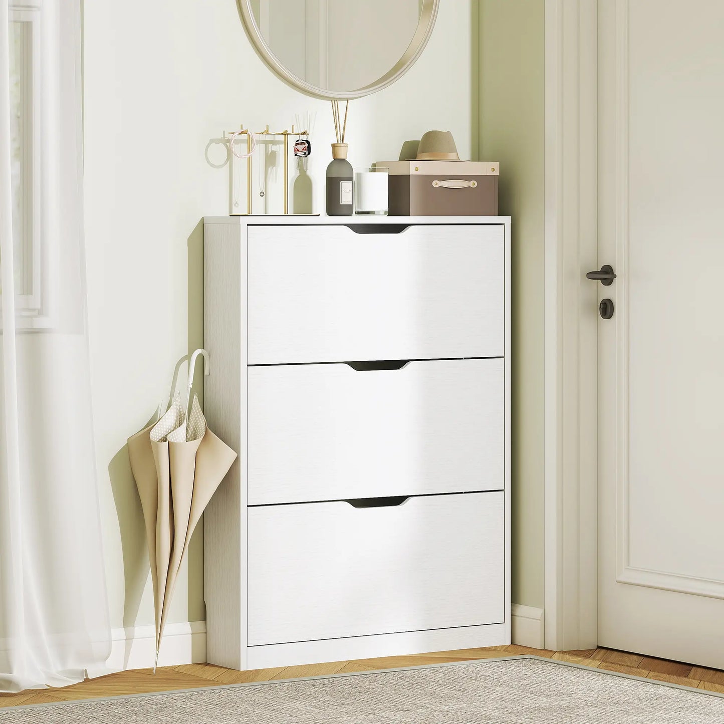Narrow Shoe Cabinet 3 Flip Drawers, 31.5"W x 6.7"D x 42.5"H, White Shoe Storage Cabinets & Racks at Gallery Canada
