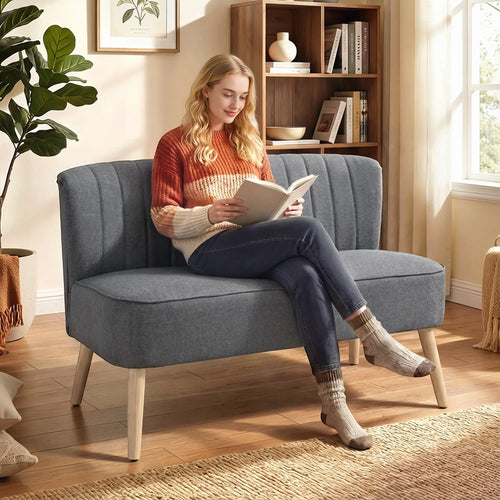 Modern 2 Seater Sofa, Upholstered Couch with Rubber Wood Legs, Grey
