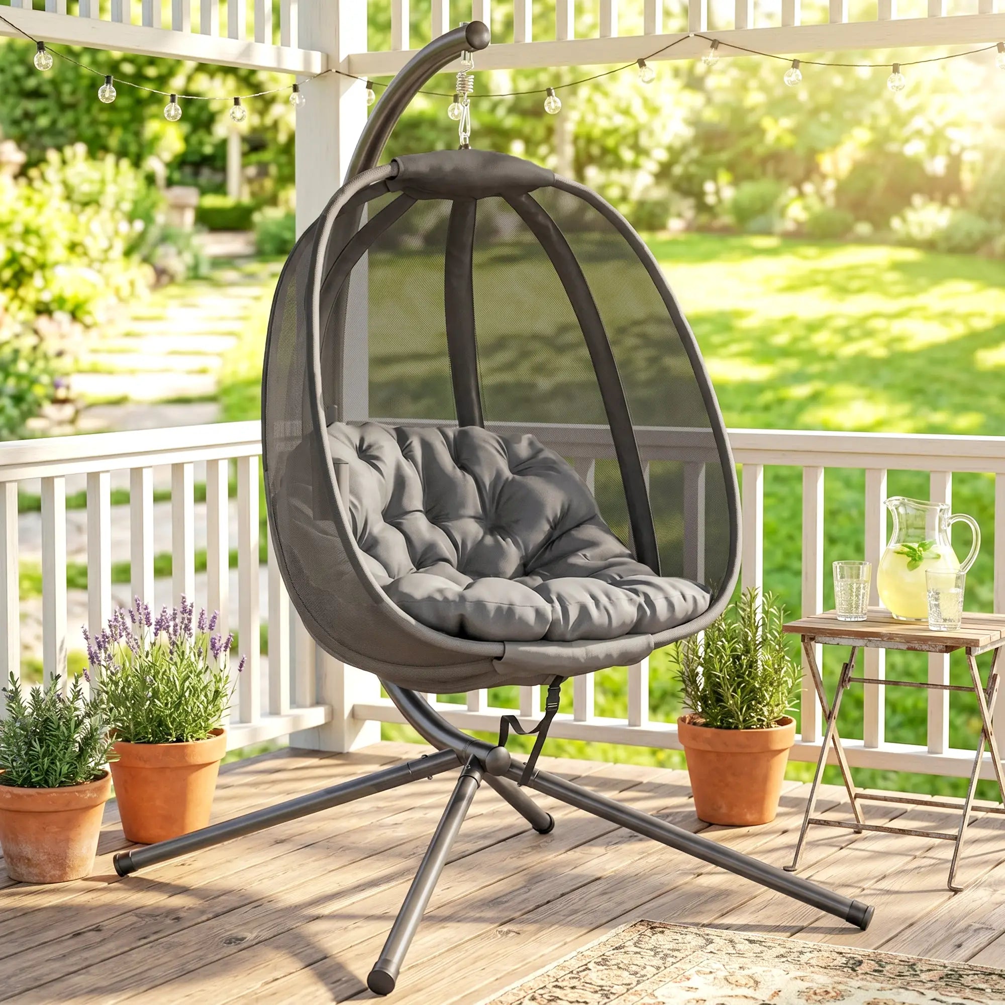 Hanging Egg Chair, Outdoor Swing with Stand, Folding Basket, Grey Patio Swings with Stand at Gallery Canada