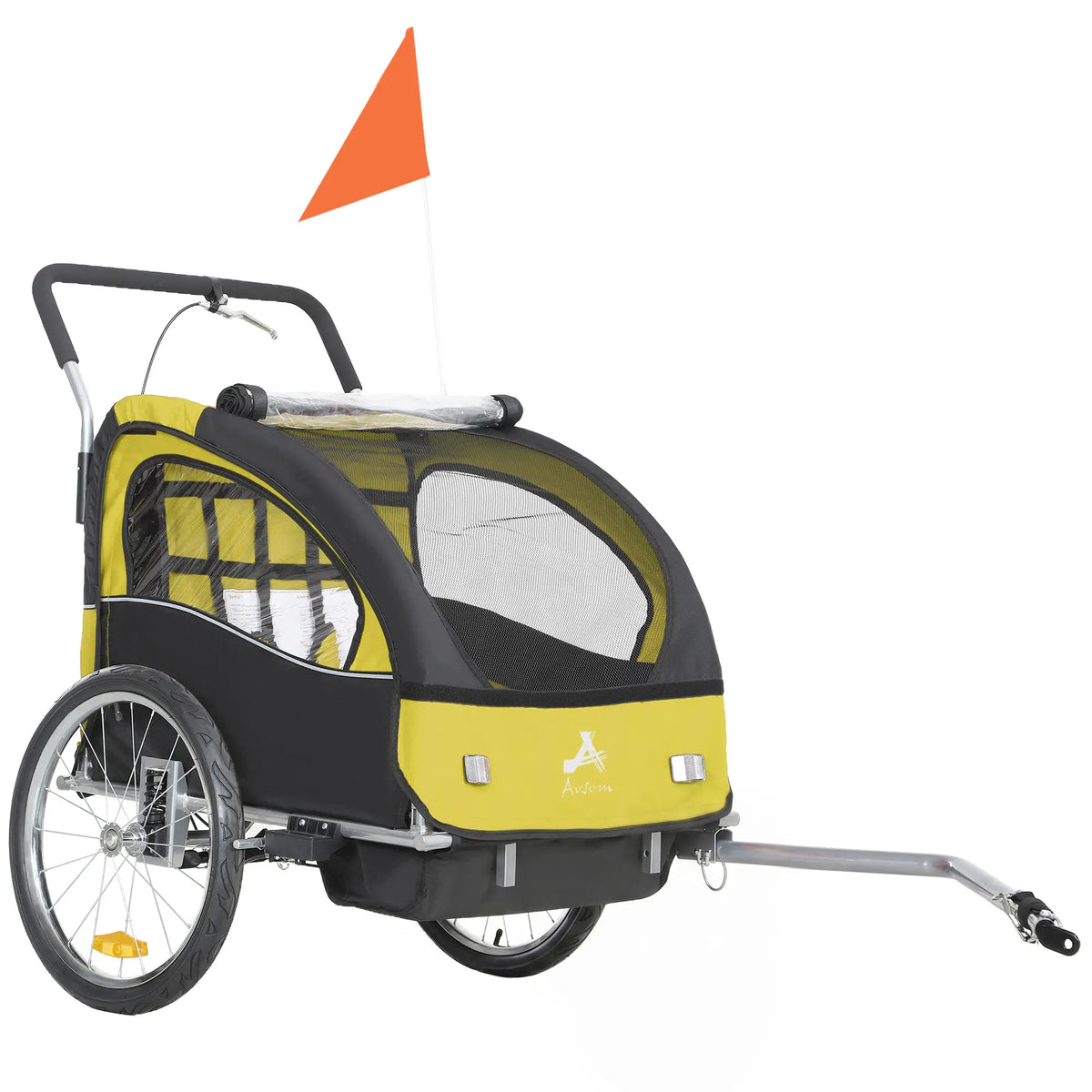 2-in-1 Bike Trailer, Foldable 2-Seat Stroller, 5-Point Harness, Yellow Kids Bike Trailers Yellow, Black, Silver at Gallery Canada