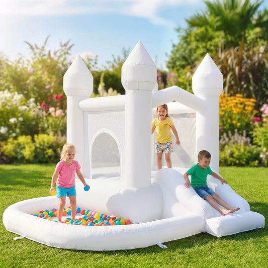 Inflatable Bouncy Castle, 3-in-1 Bounce House with Slide, Ball Pit, 370W Blower, White Inflatables White at Gallery Canada