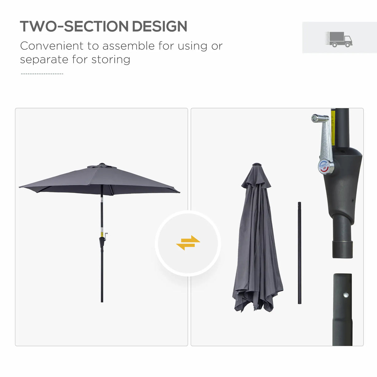 8.5FT Patio Umbrella, Round Garden Parasol with 6 Ribs, Grey Sun Umbrellas at Gallery Canada