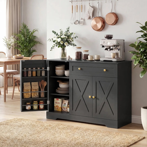 Sideboard Buffet Cabinet, Farmhouse Coffee Bar, Barn Doors, Black