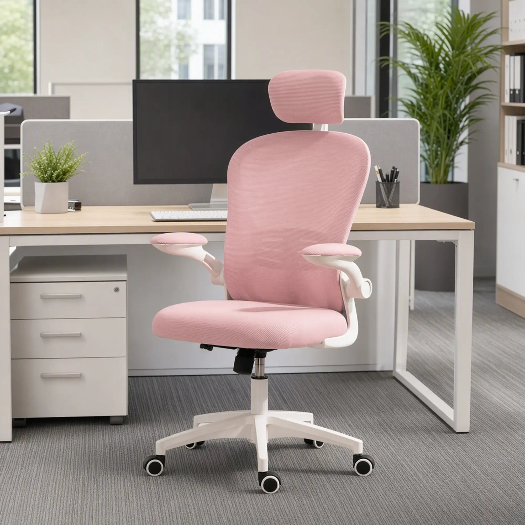 Mesh Office Chair, Adjustable Headrest, 4D Lumbar Support, Flip-Up Arm, Pink Office Chairs at Gallery Canada