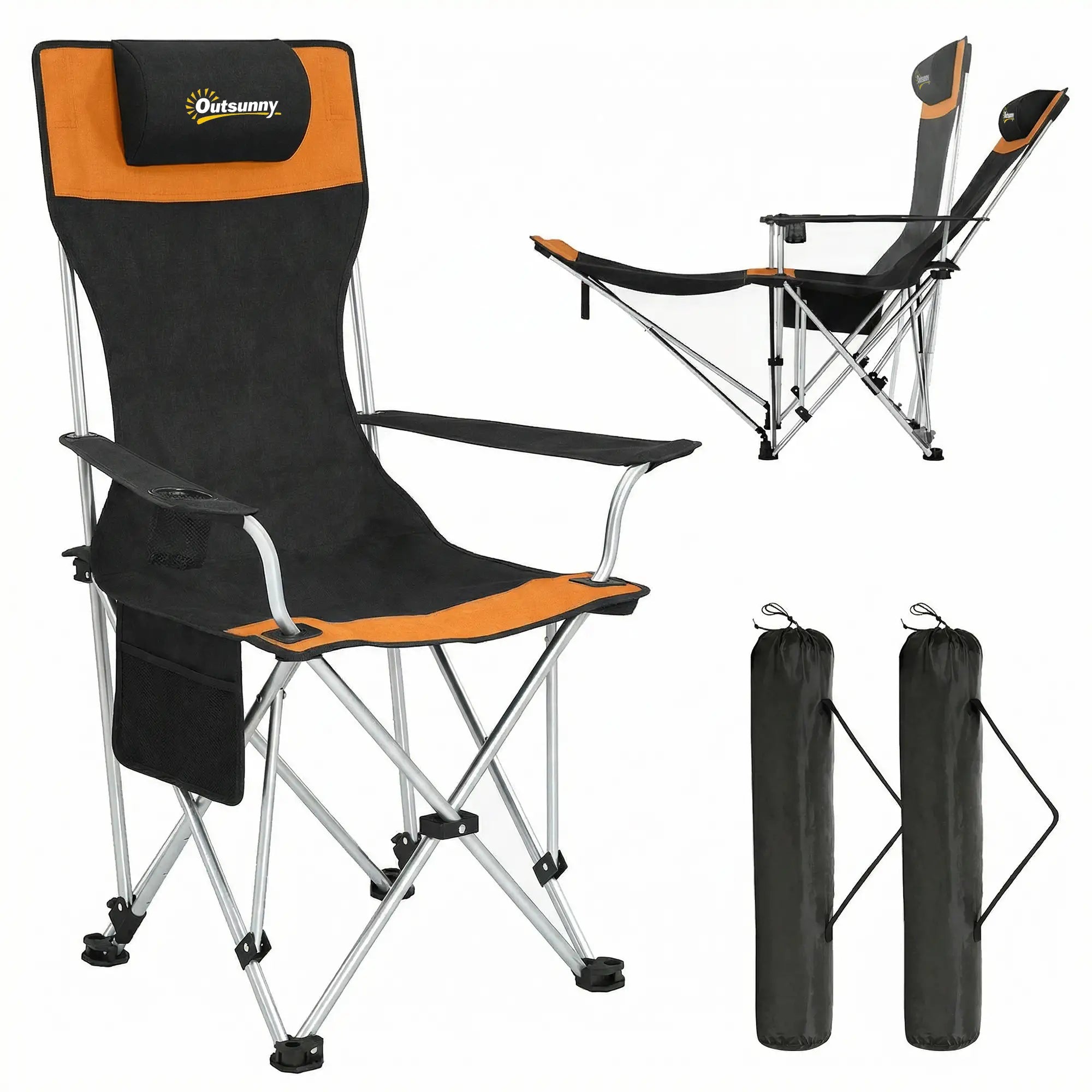 Reclining Camping Chair Set With Foot Rest, Headrest, Cup Holder, Storage Bag, Orange Picnic Tables & Camping Chairs at Gallery Canada