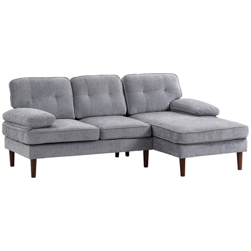 Modern Corner Couch, Right Chaise Lounge, Tufted 3-Seater Sofa, Wooden Legs, Grey