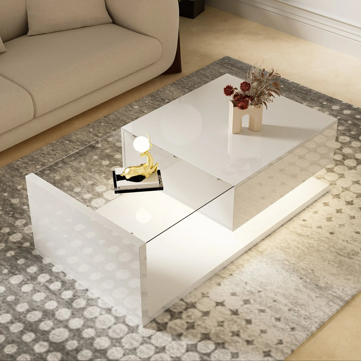 Modern Coffee Table, Glass LED Effect, Storage, 41.5" L x 21.5" W x 12.5" H, White Coffee Tables at Gallery Canada