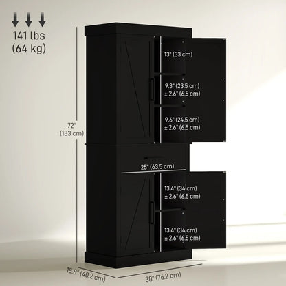 72" Kitchen Storage Cabinet, Farmhouse Pantry, 4 Barn Doors, Drawer, Adjustable Shelves, Black Kitchen Pantry Cabinets at Gallery Canada