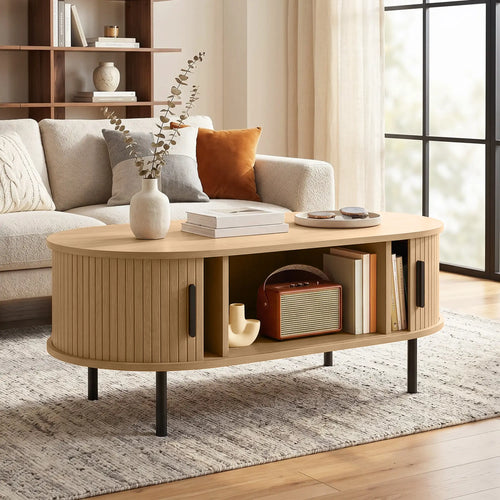Coffee Table with Sliding Tambour Doors and Storage Center Table with Metal Legs, 39