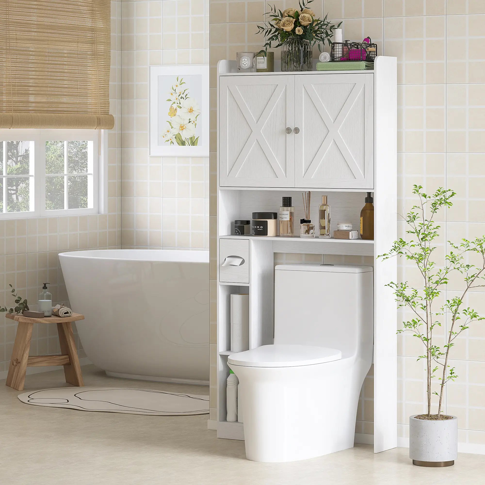 Farmhouse Over Toilet Cabinet, Adjustable Shelf, White Bathroom Cabinets at Gallery Canada
