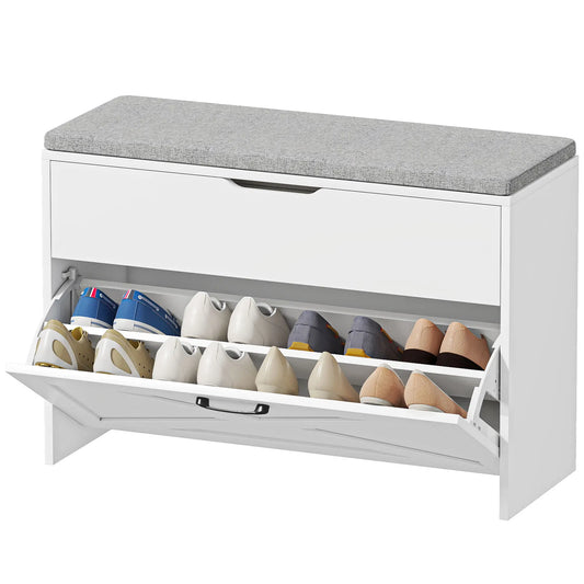 Shoe Storage Bench with Flip Drawer, Lift Top, Seat Cushion, White Shoe Storage Cabinets & Racks White, Grey at Gallery Canada