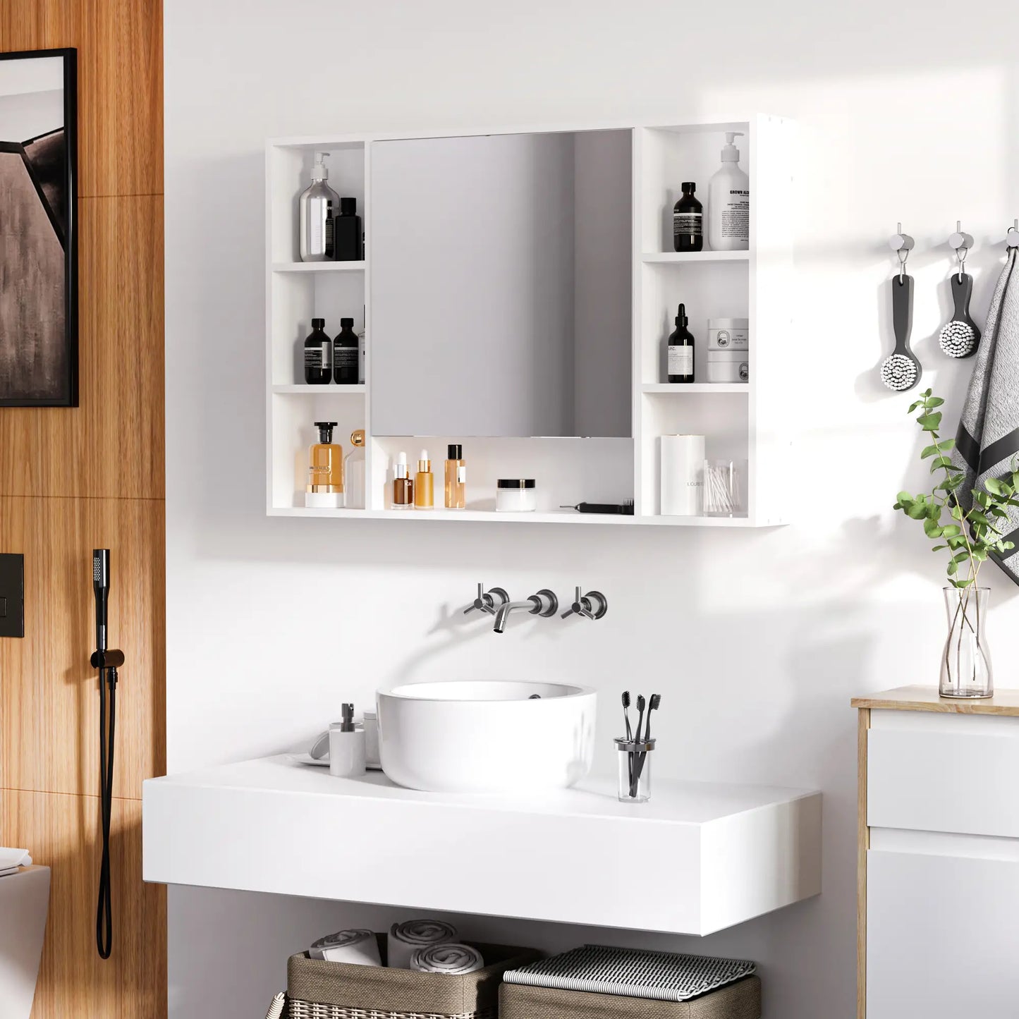 Wall Mounted Medicine Cabinet, 39.25"W x 27.5"H Bathroom Mirror Cabinet with Single Mirrored Door, Shelves and Storage Cupboard, White Mirror Medicine Cabinets at Gallery Canada