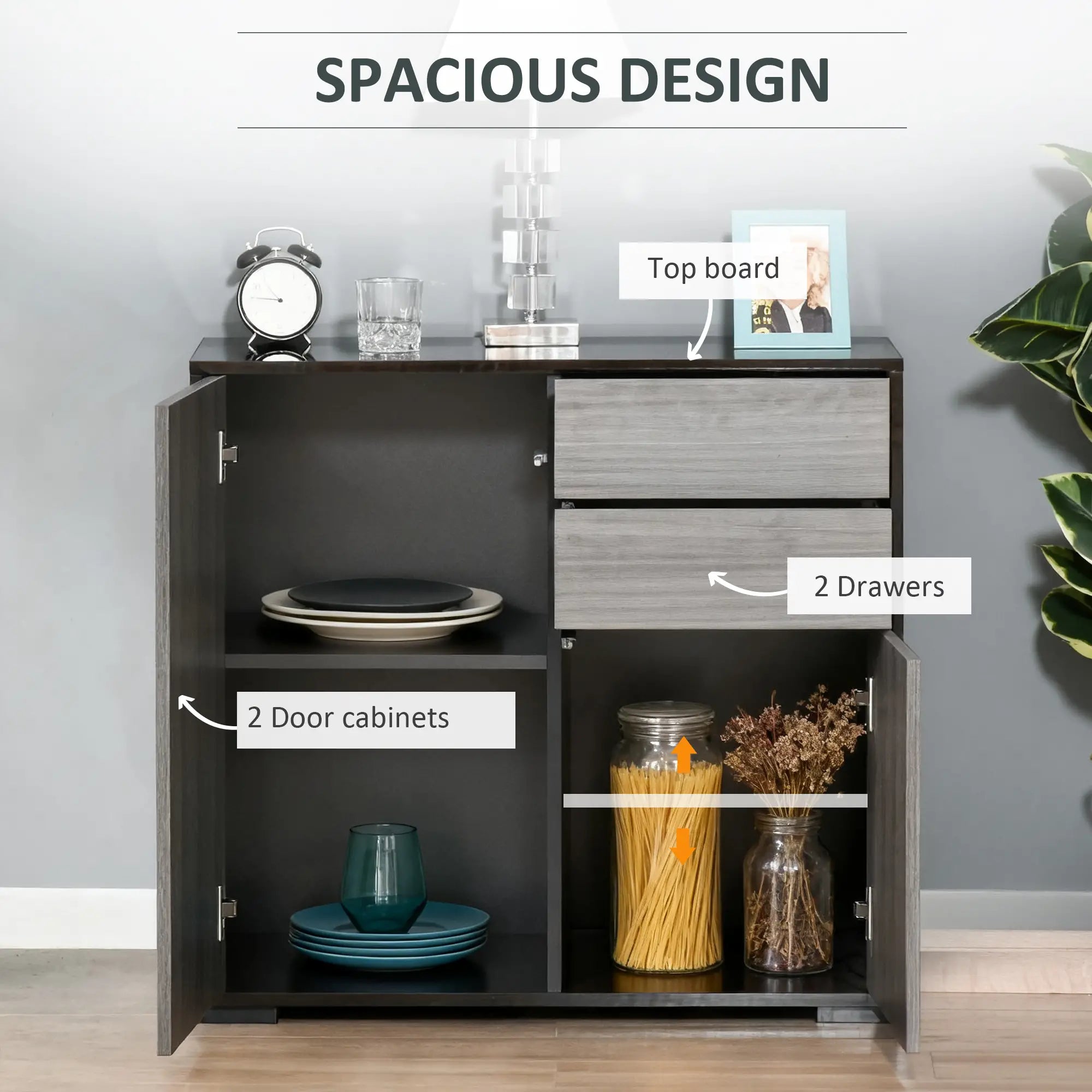 High Gloss Buffet Sideboard, 2 Drawers, 2 Doors, Adjustable Shelf, Kitchen Cabinet, Grey Black Bar Cabinets at Gallery Canada