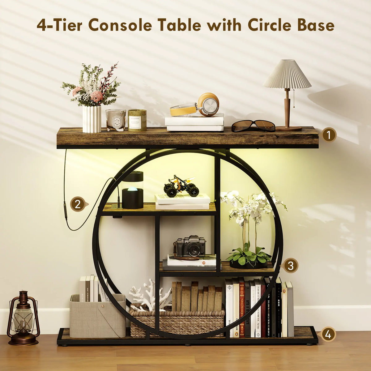 4-Tier Console Table With Charging Station, LED Lights, 39", Rustic Brown