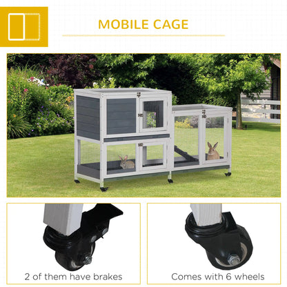 Wooden Rabbit Hutch, Bunny Cage, Small Animal Habitat, Slide-out Tray, Lockable Door, Openable Top, 58" x 18" x 35", Grey Rabbit Hutch at Gallery Canada