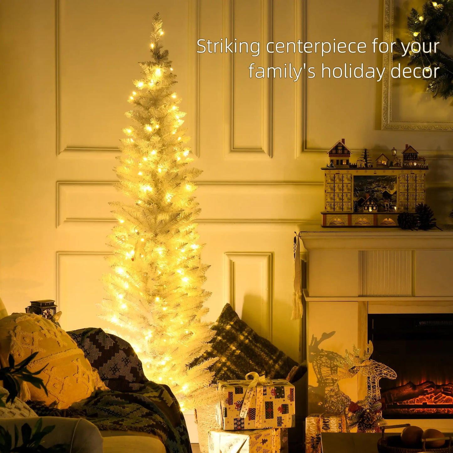 6' Pre Lit Artificial Pencil Christmas Tree, Warm White LED Lights, White Pencil Christmas Trees at Gallery Canada