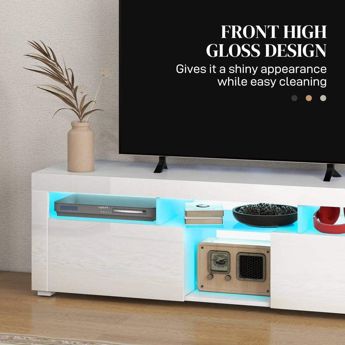 Modern TV Stand with Storage, LED Lights, 55", High Gloss, White TV Stands at Gallery Canada