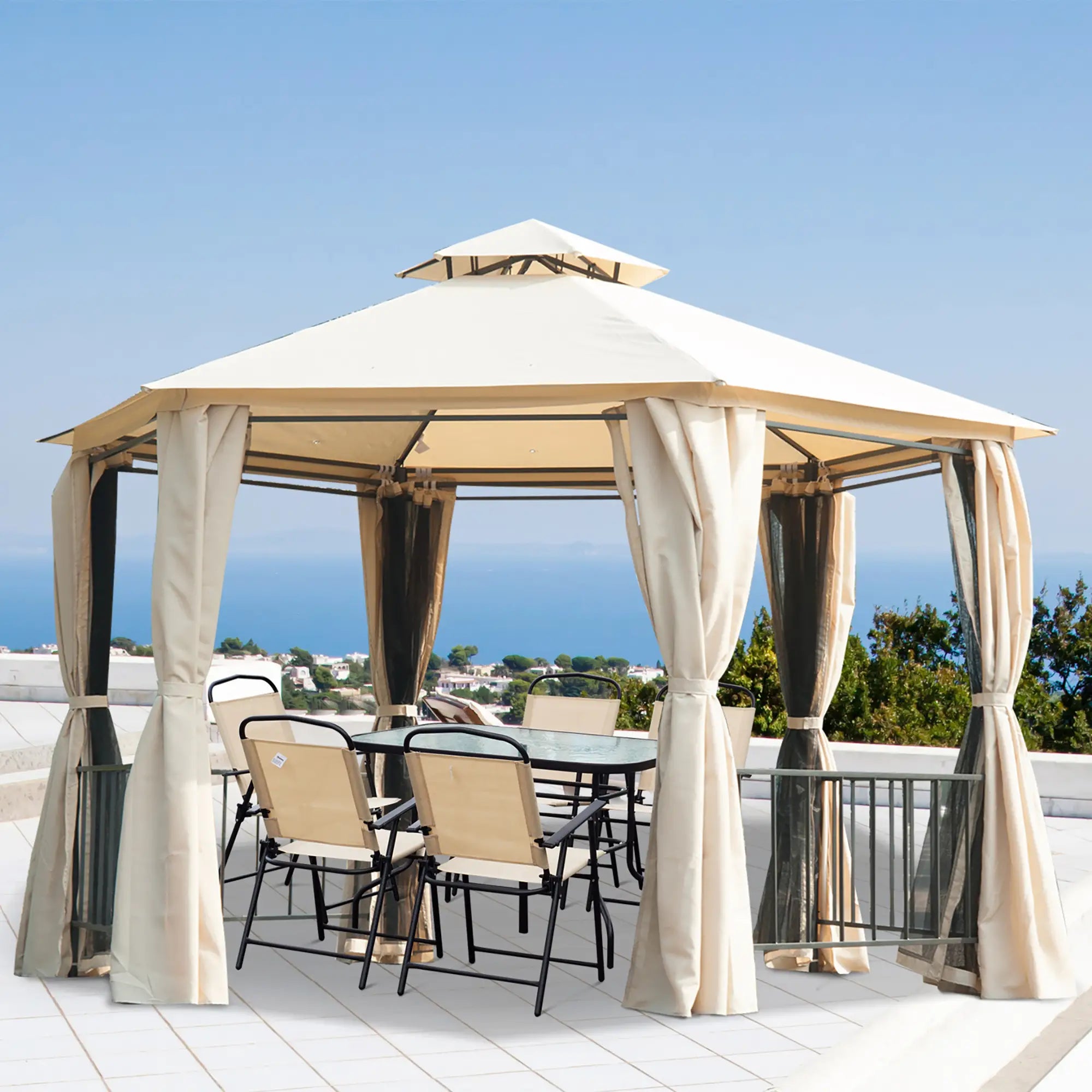 13ft Hexagon Gazebo, Outdoor Canopy Shelter, Netting, Shaded Curtains, Beige Gazebos at Gallery Canada