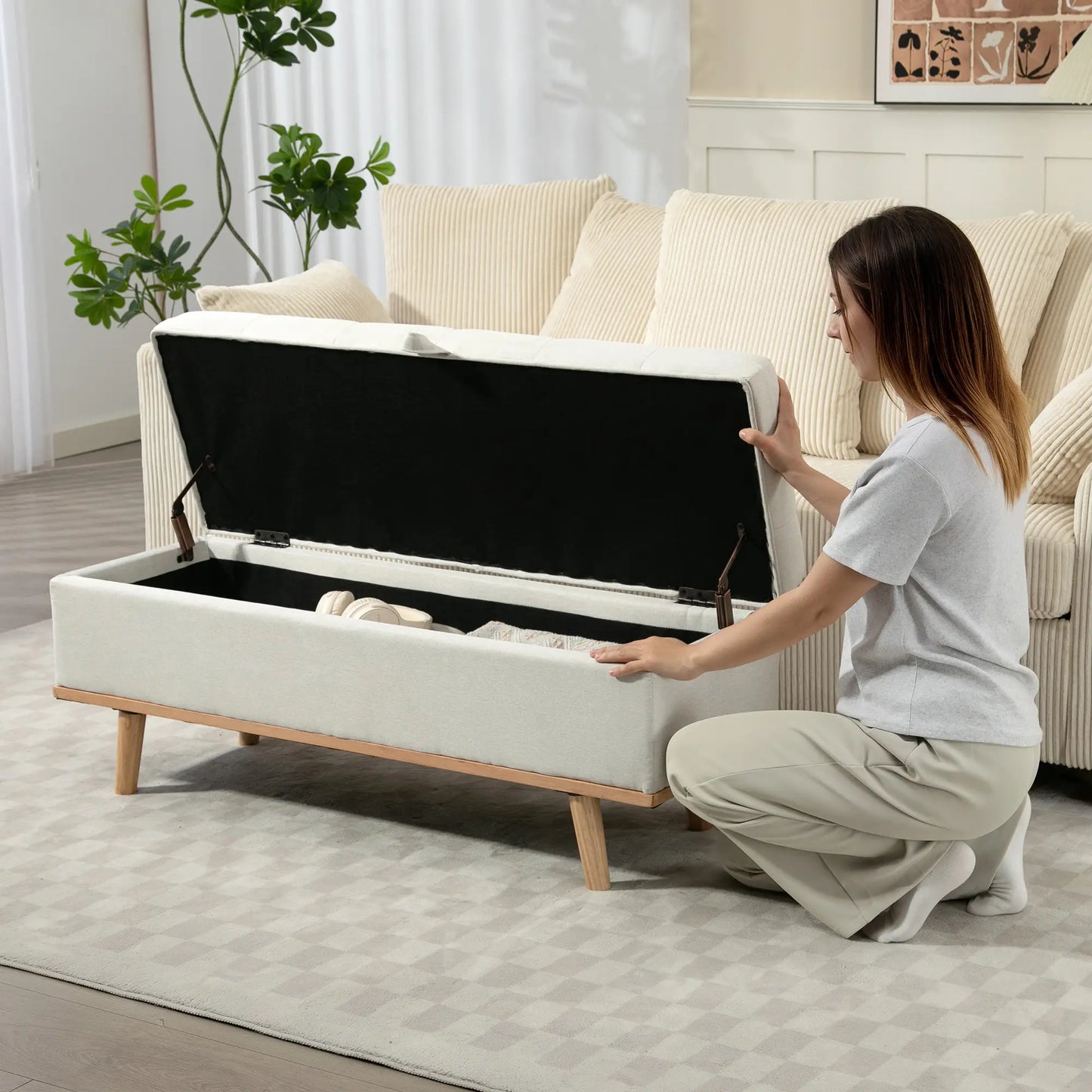 Storage Ottoman Bench with Lift-Up Lid, Wood Legs, Cream White Storage Ottomans & Benches at Gallery Canada