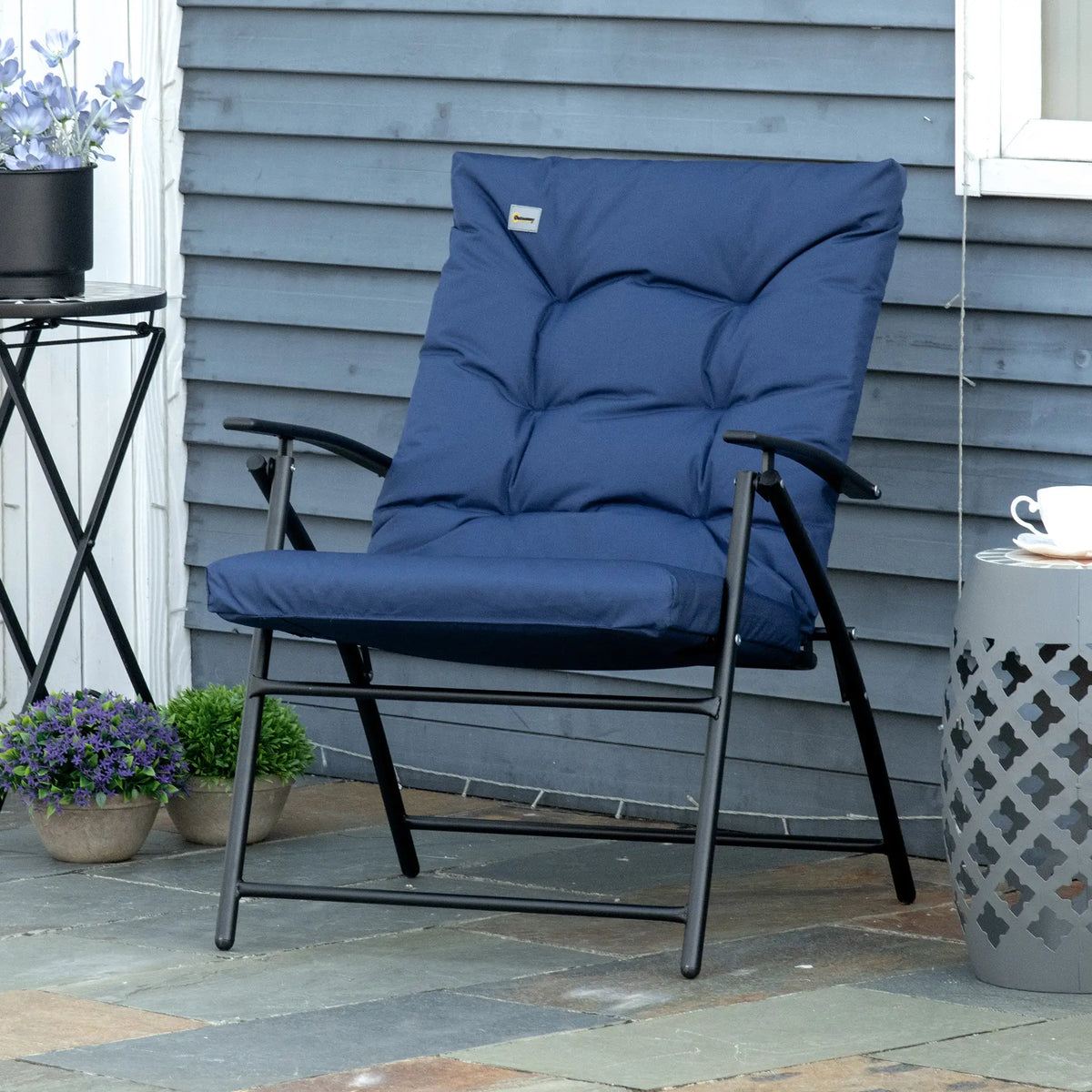 Fabric Lounge Chair, Metal Frame Recliner with Armrest, Blue Patio Chairs at Gallery Canada