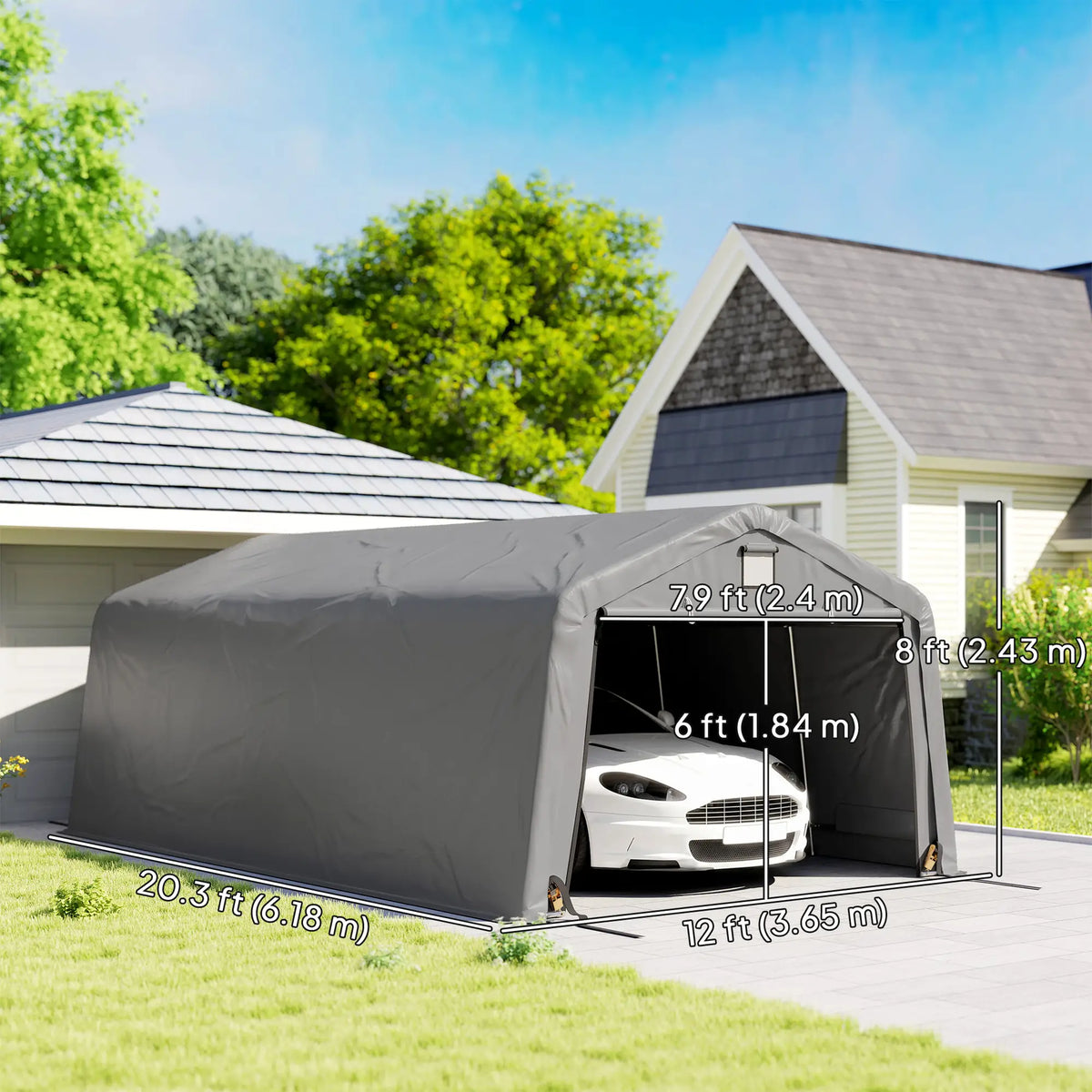 12' x 20' Portable Garage, Heavy Duty Carport Canopy, Light Grey