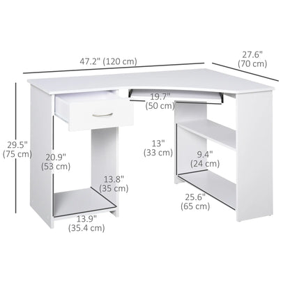L-Shaped Desk With Keyboard Tray, Shelves, Drawer, CPU Stand, White Computer Desks at Gallery Canada