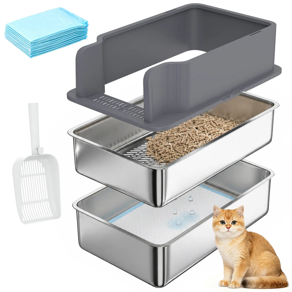 Stainless Steel Sifting Litter Box With Scoop And 10 Pads Cat Litter Box Enclosures at Gallery Canada