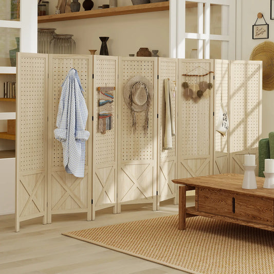 Wooden Room Divider With Pegboard Display, 8 Panel Folding Privacy Screen, Natural Wood Room Dividers Natural at Gallery Canada