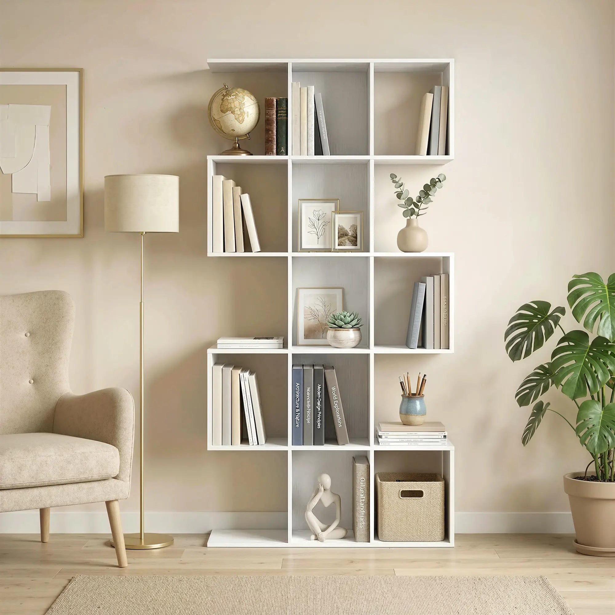 S-Shaped 5-Tier Bookshelf, 15 Compartments, White Wood Grain, White Display Bookshelves at Gallery Canada