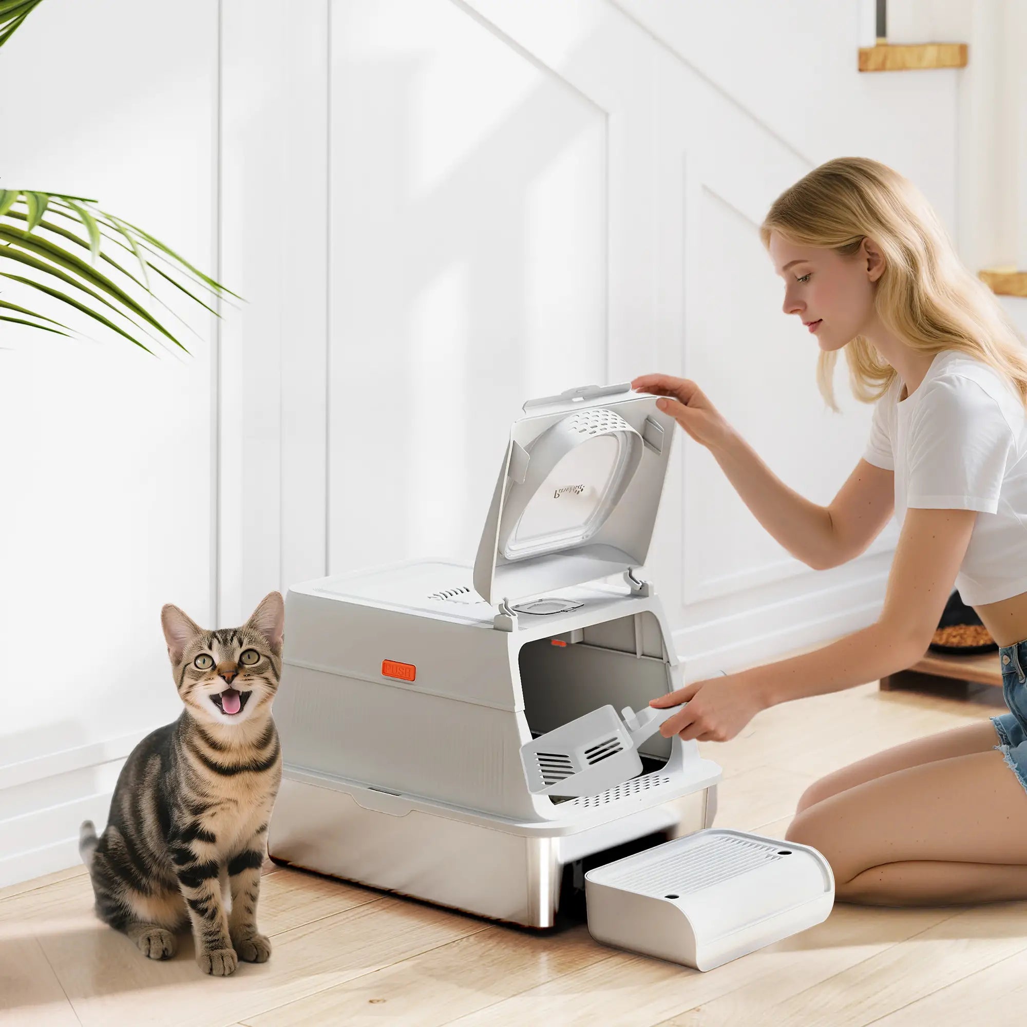 XL Stainless Steel Cat Litter Box, Flip Cover, Pedal, Deodorizer Cat Litter Box Enclosures at Gallery Canada