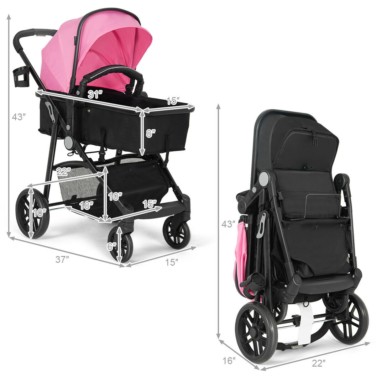 2 In 1 Foldable Newborn Baby Stroller, Pink Baby Strollers at Gallery Canada