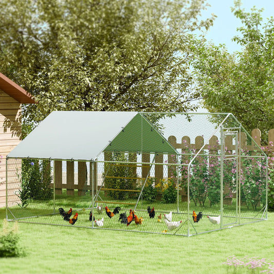 Large Metal Chicken Run, Waterproof UV-Resistant Cover, Feeding Door, Hanging Feeder, Perch, 12-18 Chickens Chicken Coops Silver at Gallery Canada