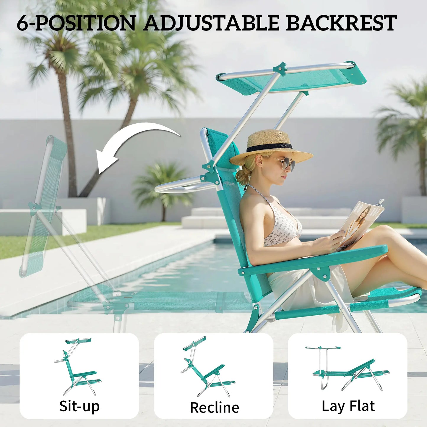 Folding Beach Chair, Adjustable Canopy, 6-Position Reclining, Turquoise Beach Accessories at Gallery Canada