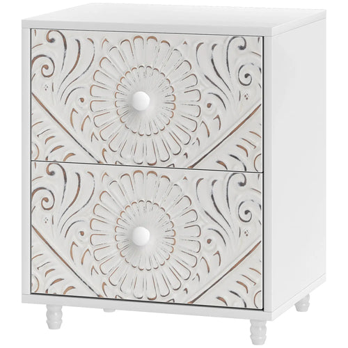Mid-Century Bedside Table, Nightstand with 2 Drawers, White