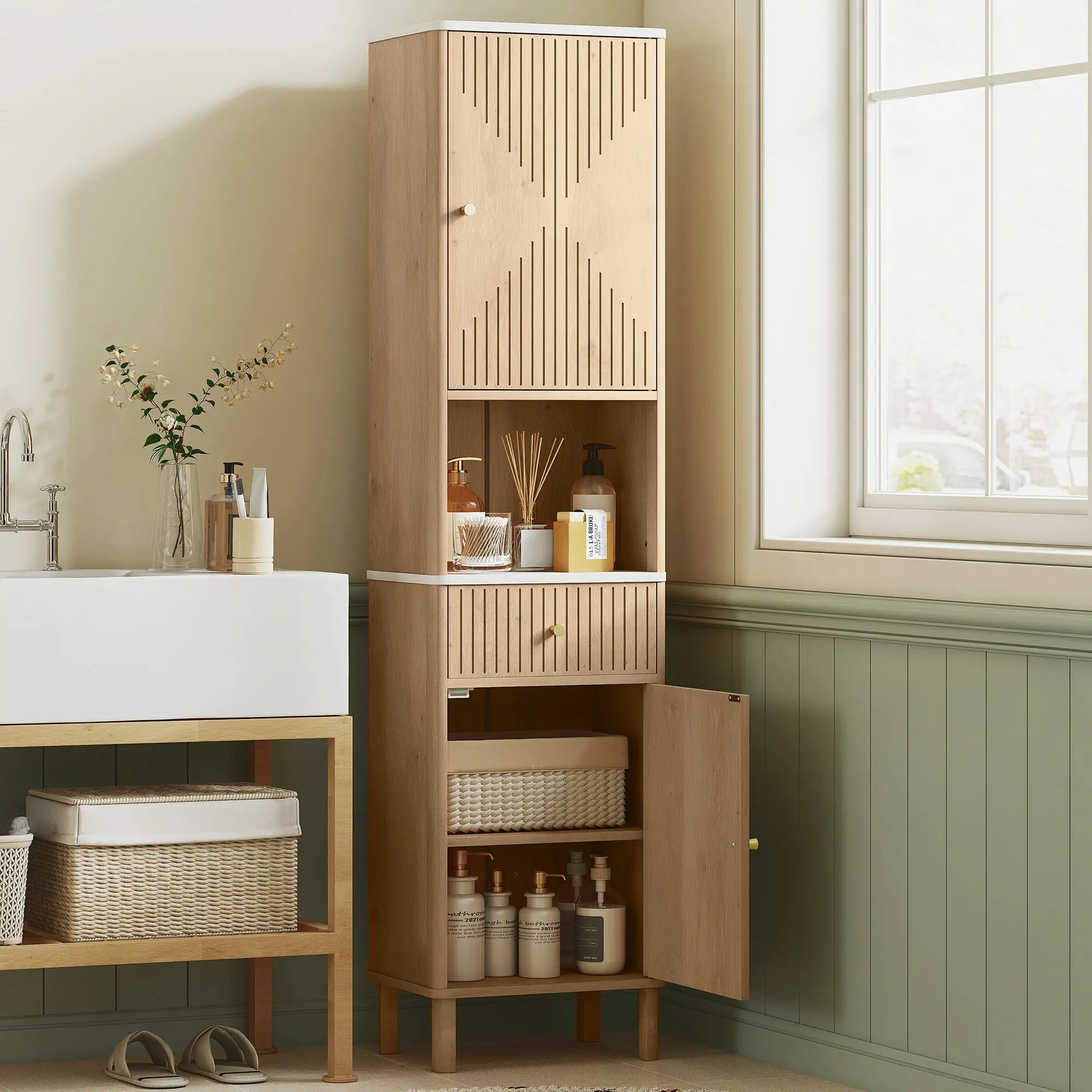 66 in Tall Bathroom Cabinet With Drawer, Oak Freestanding Bathroom Cabinets at Gallery Canada
