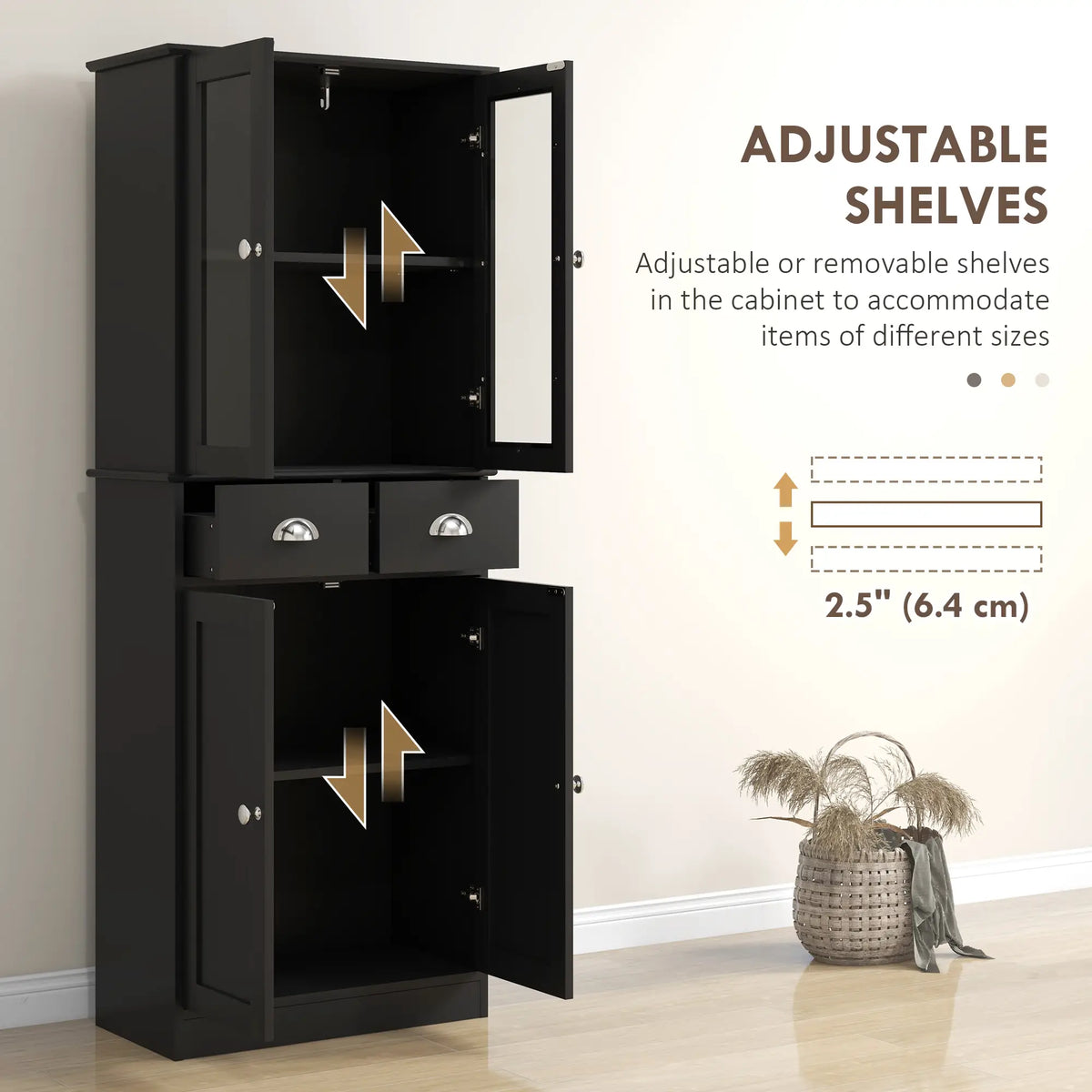 61" Kitchen Pantry Cabinet, Freestanding Farmhouse, Black Kitchen Pantry Cabinets at Gallery Canada