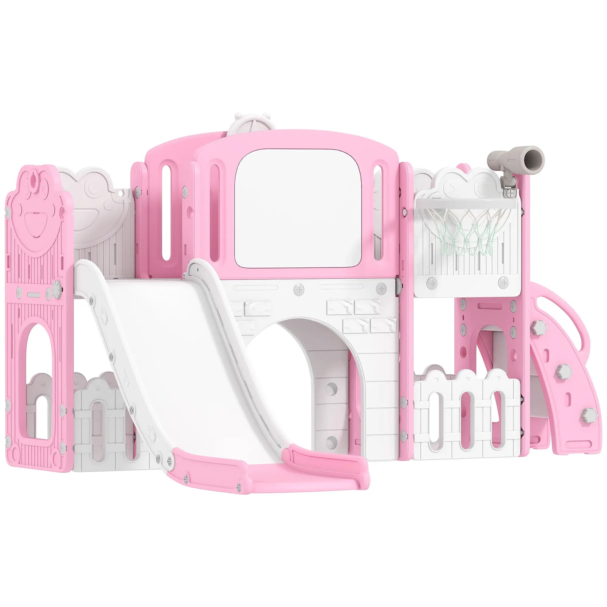 7 In 1 Toddler Slide With Basketball Hoop, Climbing Frame, Telescope, Drawing Board, Storage Box, Pink Gym Sets & Swings Pink, White at Gallery Canada