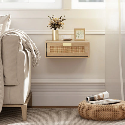 Floating Bedside Tables Set Of 2, Wall Mounted Nightstands, Rattan Drawer, Wood Effect, Oak Bedside Tables at Gallery Canada