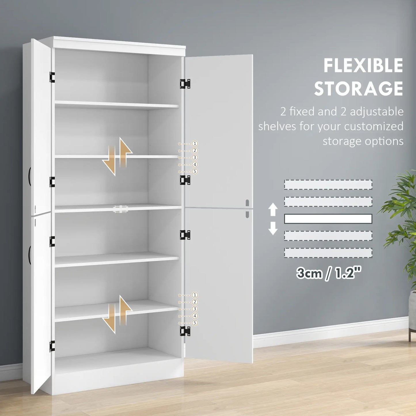 4-Door Storage Cabinet, Freestanding Pantry with Adjustable Shelves, 70", White Kitchen Pantry Cabinets at Gallery Canada