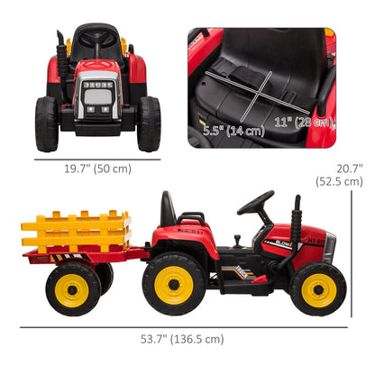 12V Kids Ride on Tractor with Trailer, Remote Control, Music, Horn, USB, LED Lights, Red Electric Toy Cars at Gallery Canada