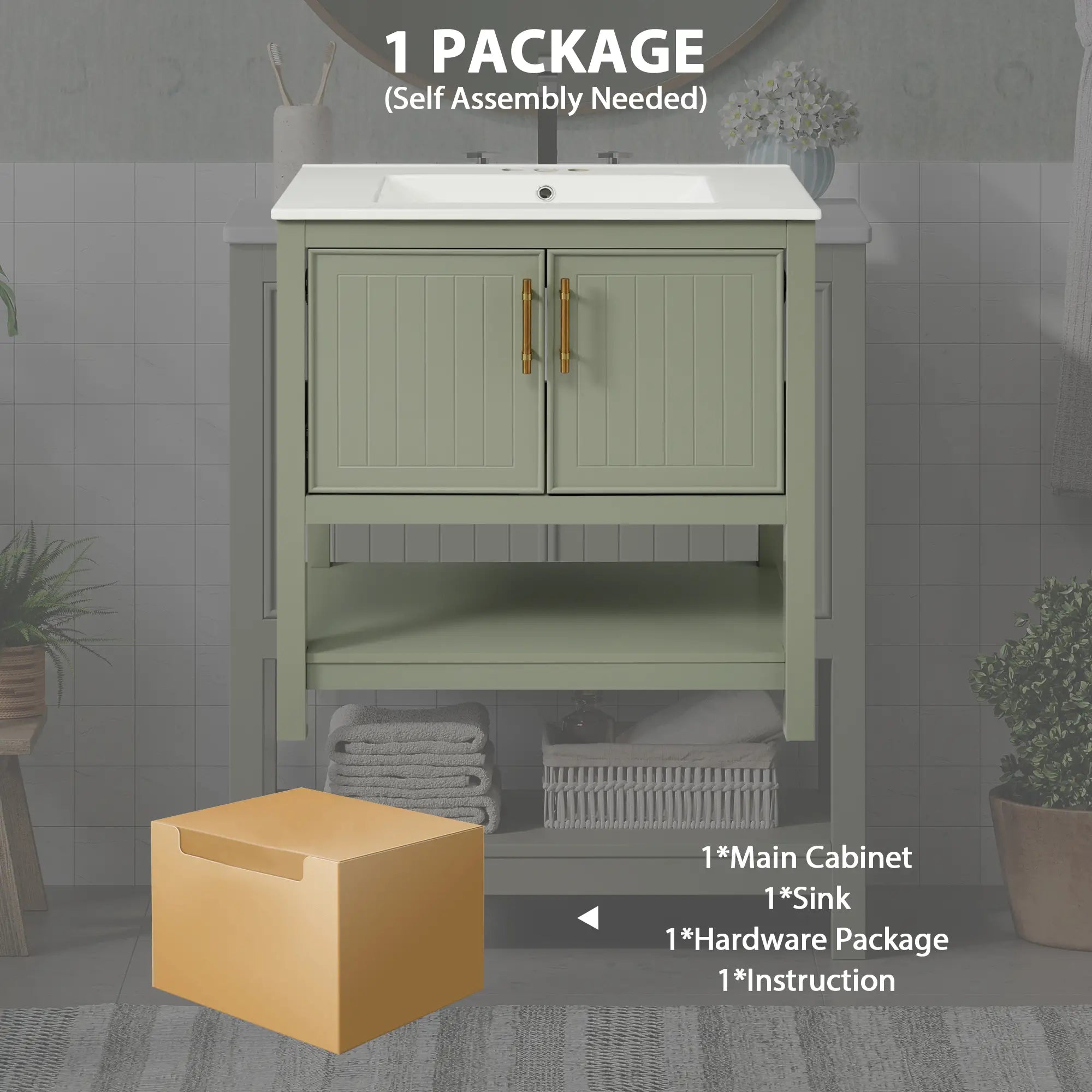 Bathroom Vanity with Ceramic Sink, Soft Close Doors, 30