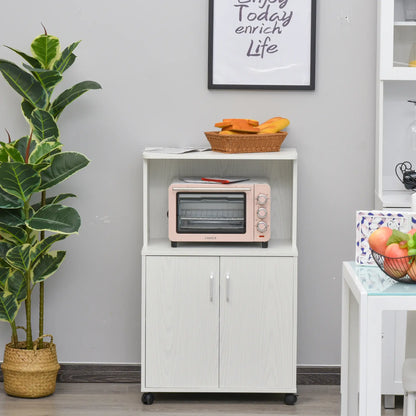 Microwave Cart on Wheels, 2-Door Cabinet, White Oak, White Kitchen Pantry Cabinets at Gallery Canada