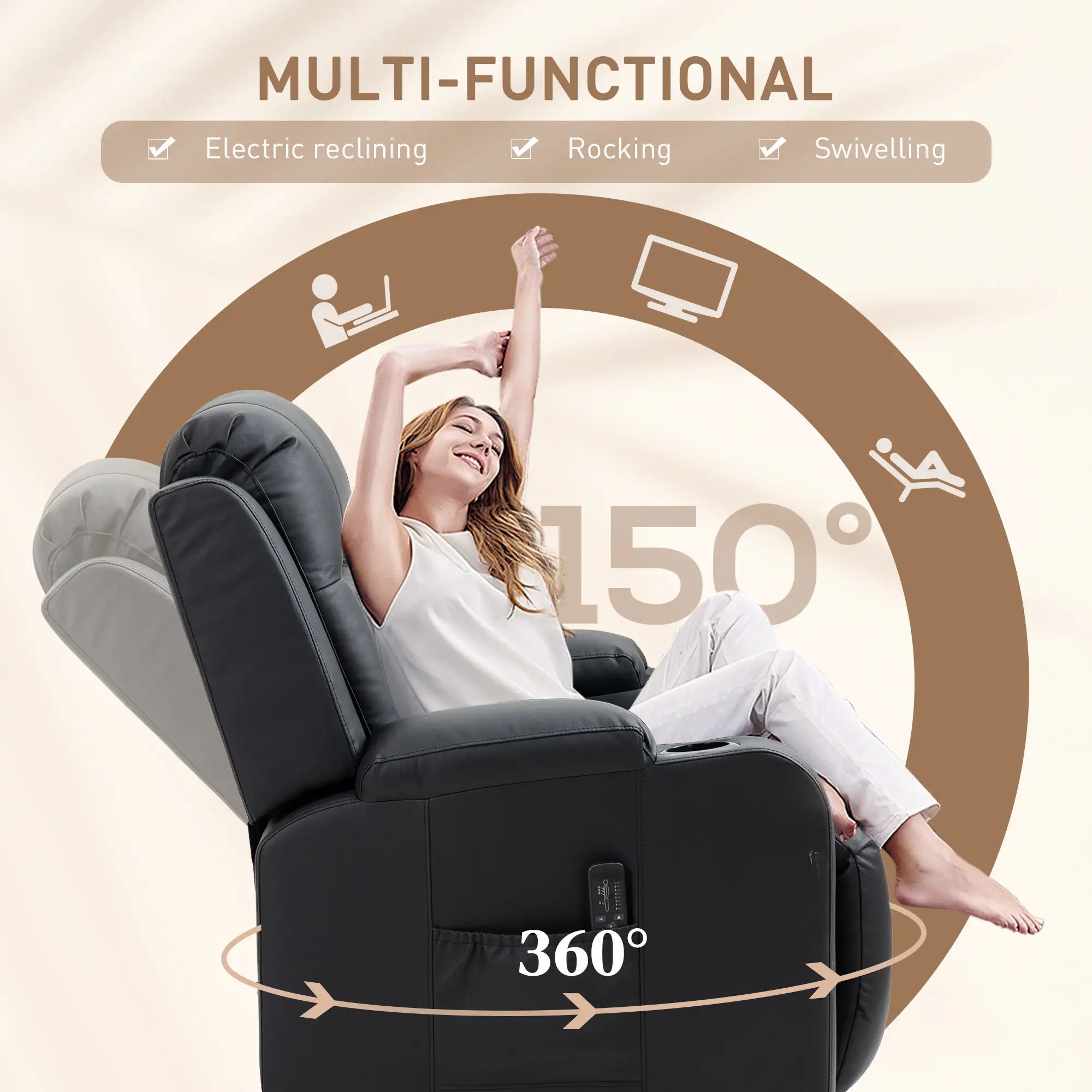 360° Swivel Massage Recliner Chair, 8 Vibration, PU Leather, Black Single Sofas at Gallery Canada