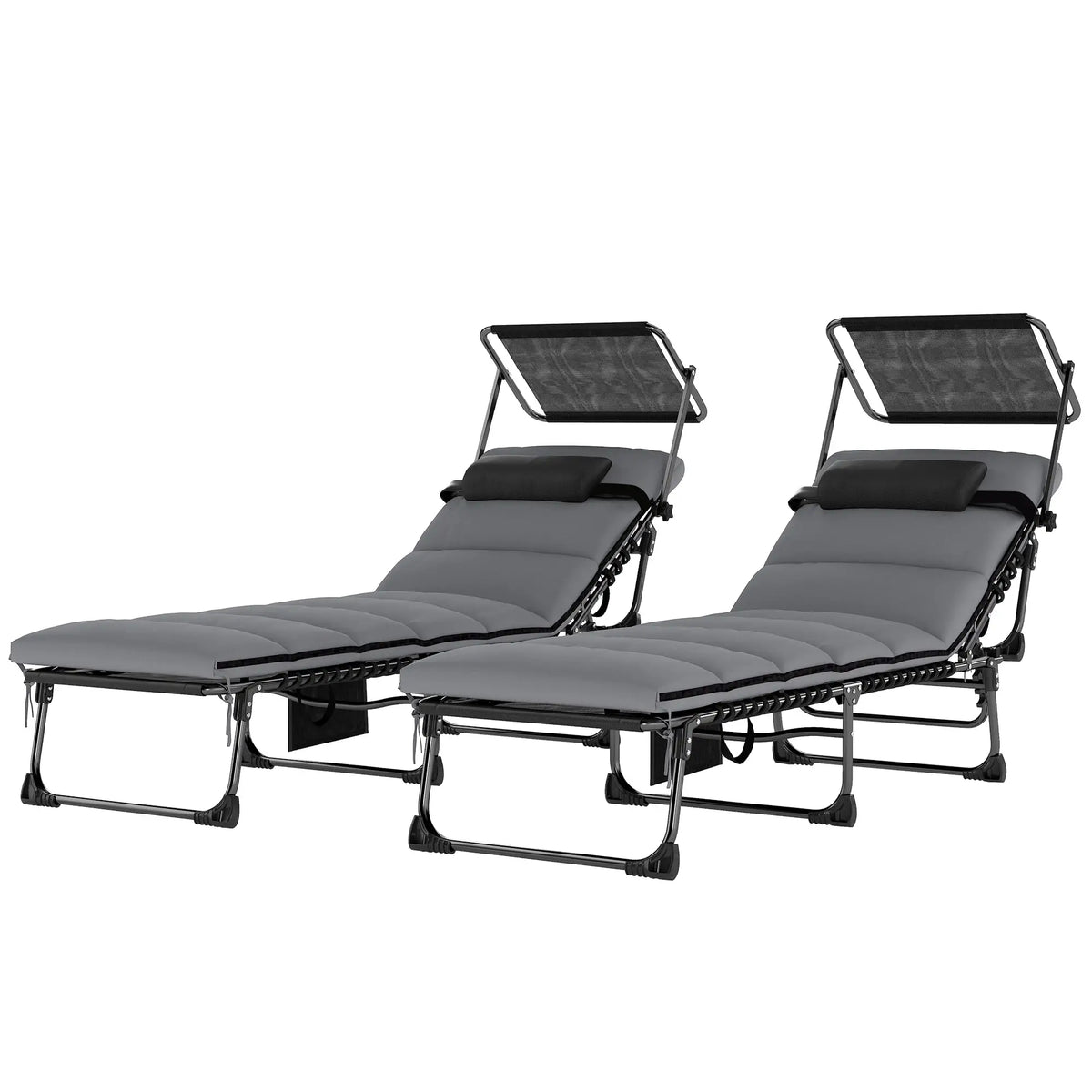 2 PCS Folding Chaise Lounge Chairs, Adjustable 5-Position, Cushion, Canopy, Side Pocket Lounger Chairs Black, Light Grey at Gallery Canada