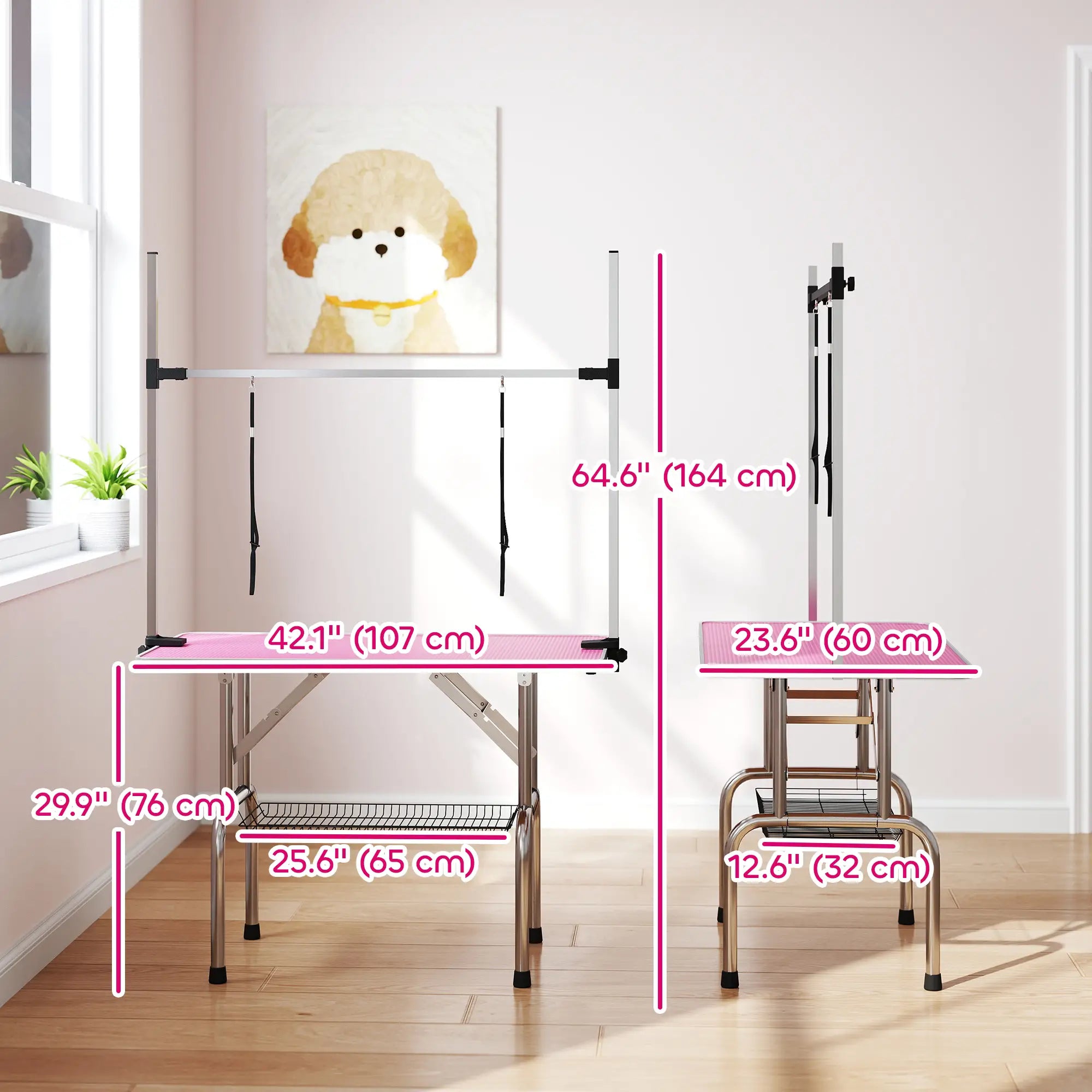 Adjustable Dog Grooming Table, 2 Safety Slings, Storage Basket, Pink Dog Grooming Tables at Gallery Canada