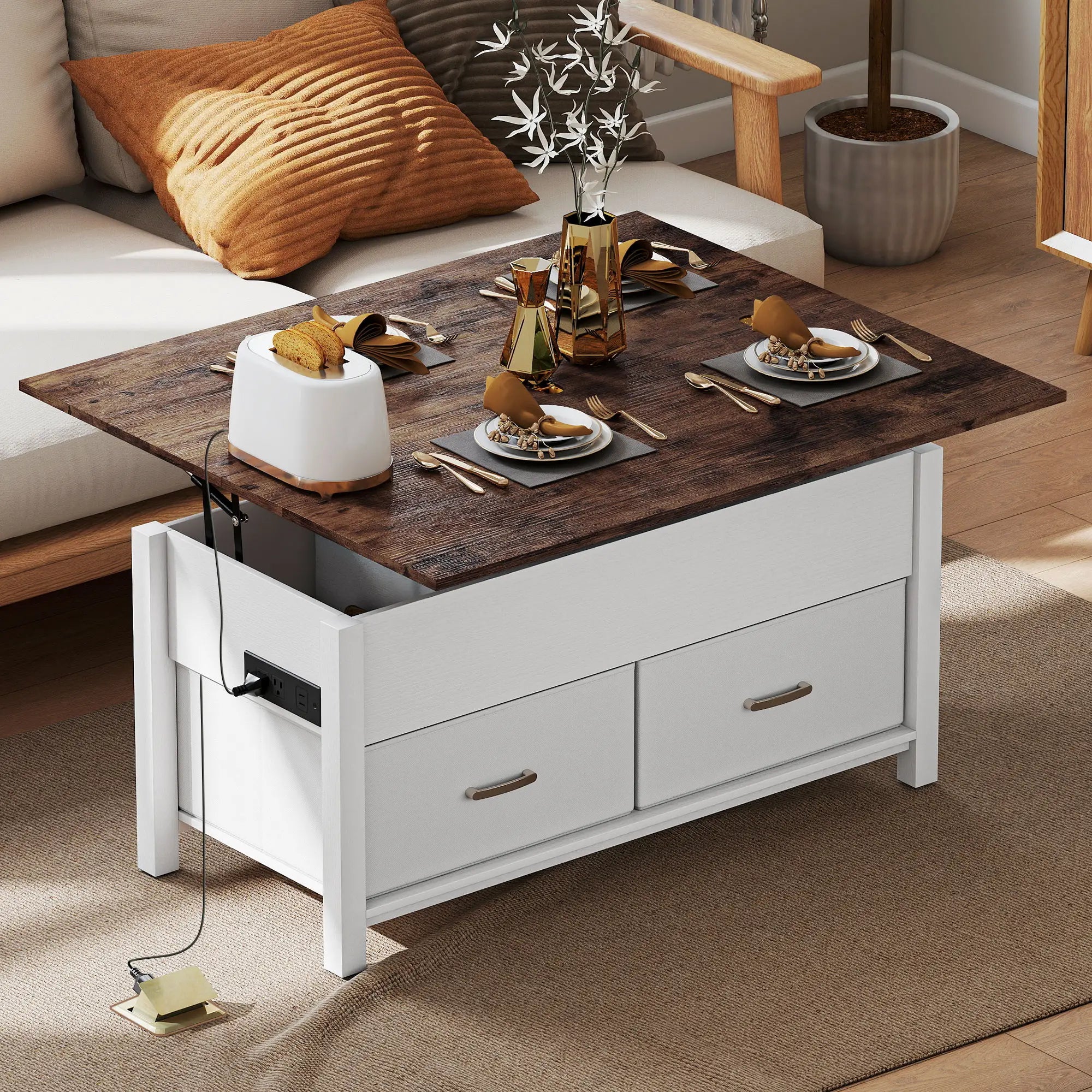 Lift Top Coffee Table, 3 Hidden Compartments, 2 Fabric Drawers Coffee Tables at Gallery Canada