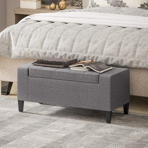 Storage Ottoman Bench, Tufted Linen Fabric, Flipping Top, Grey