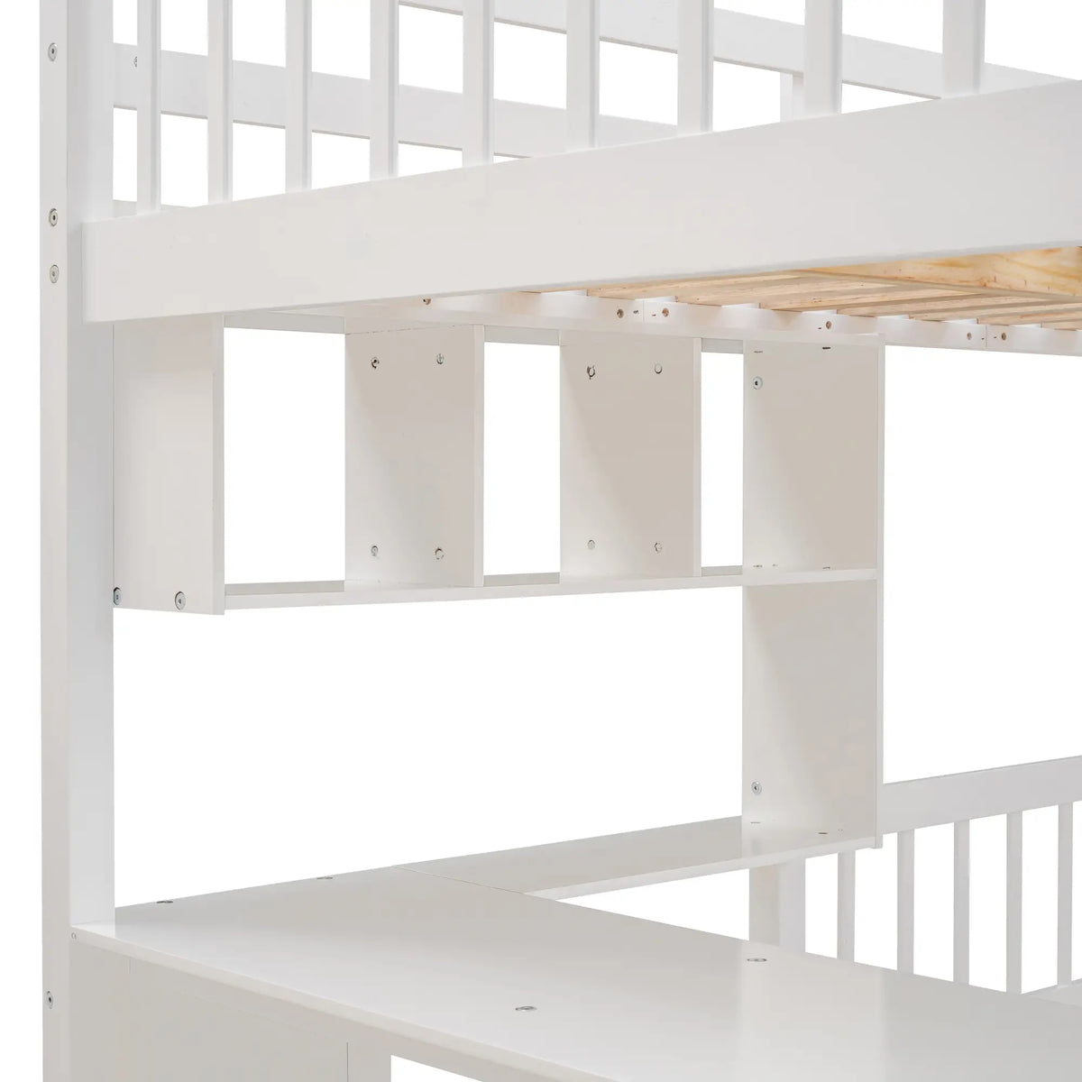 Over Twin Bunk Bed with Desk, Drawers, Shelves, 98" L x 80" W x 64.5" H, White Bed Frames at Gallery Canada