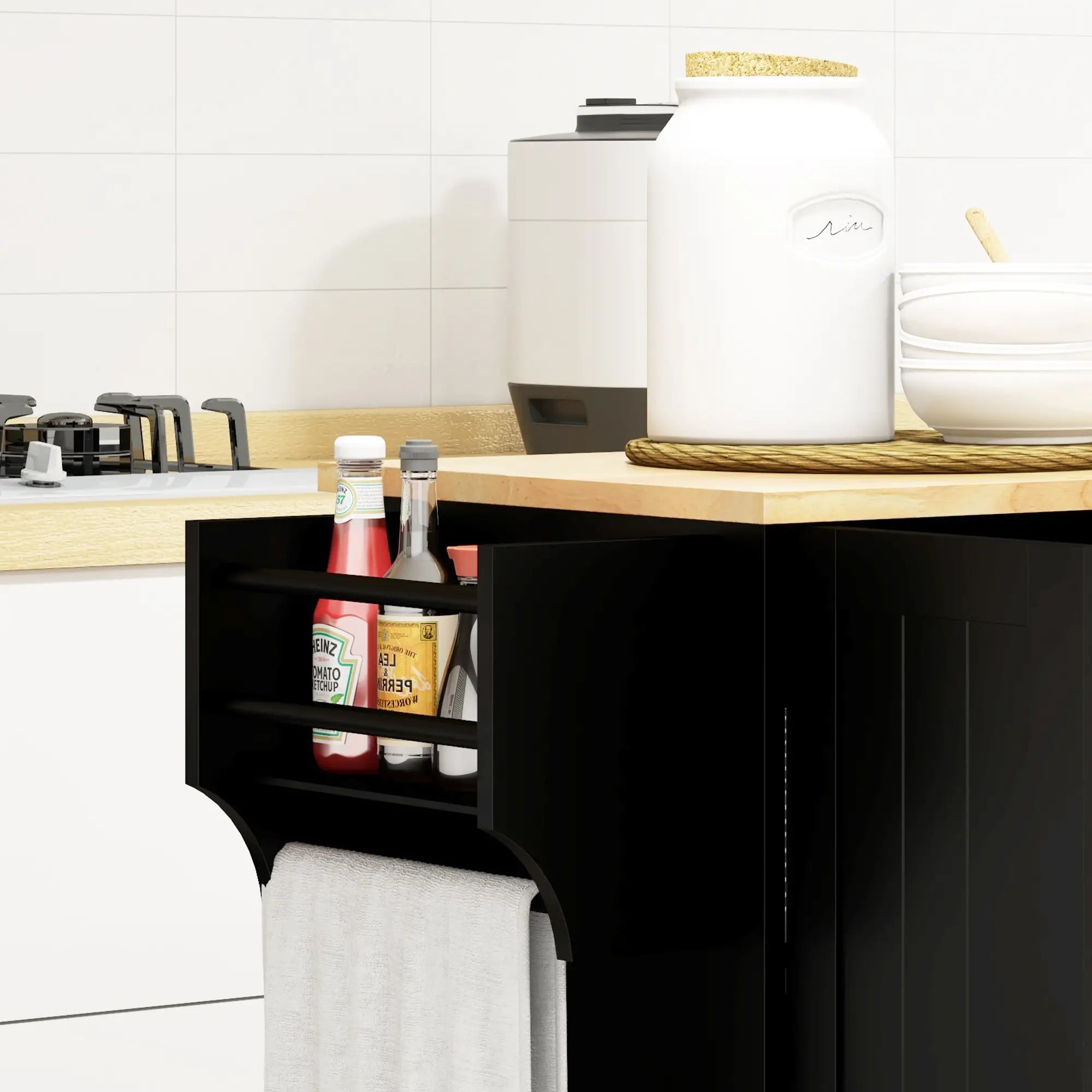 Modern Rolling Kitchen Island Cart, Natural Wood Top, Black Kitchen Islands & Kitchen Carts at Gallery Canada